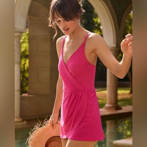 Lands' End Women's Chlorine Resist Tulip Wrap Swim Dress Swimsuit NWT Sz M Pink - Picture 1 of 10